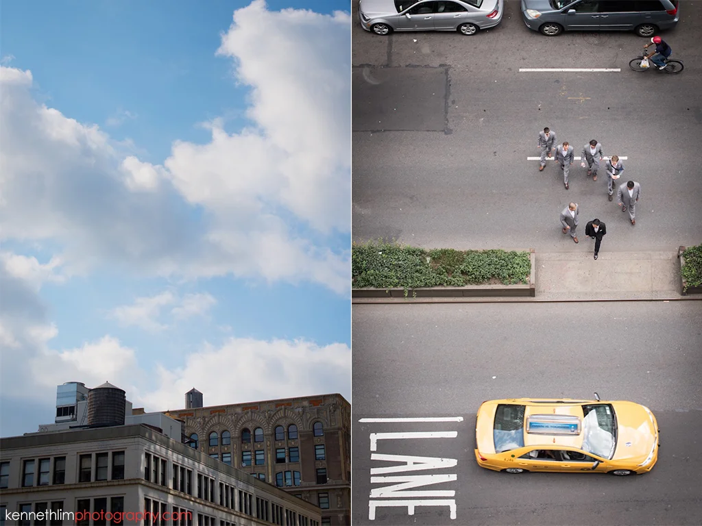 NYC Gansevoort Hotel wedding day photography morning getting ready groom and groomsmen arriving to pick up bride