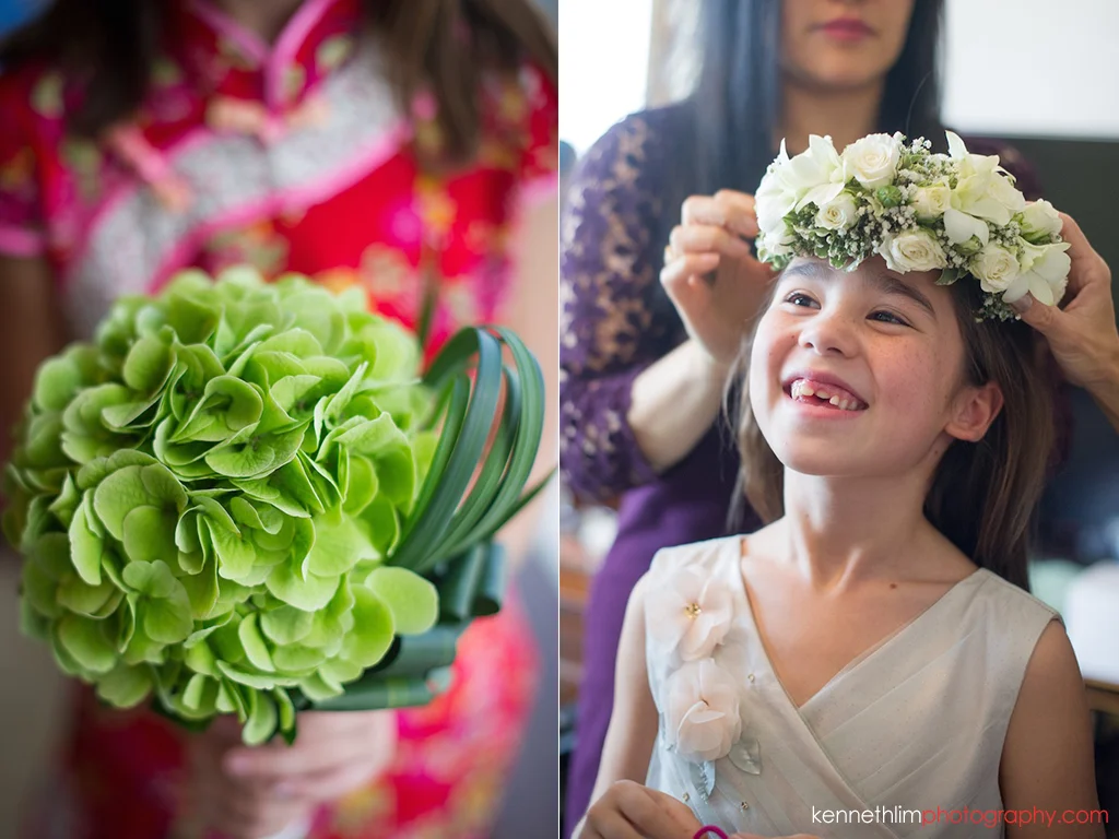 Hong Kong Island Shangri-la Atrium Library wedding day photography morning prep bride flowers and flower girl smiling
