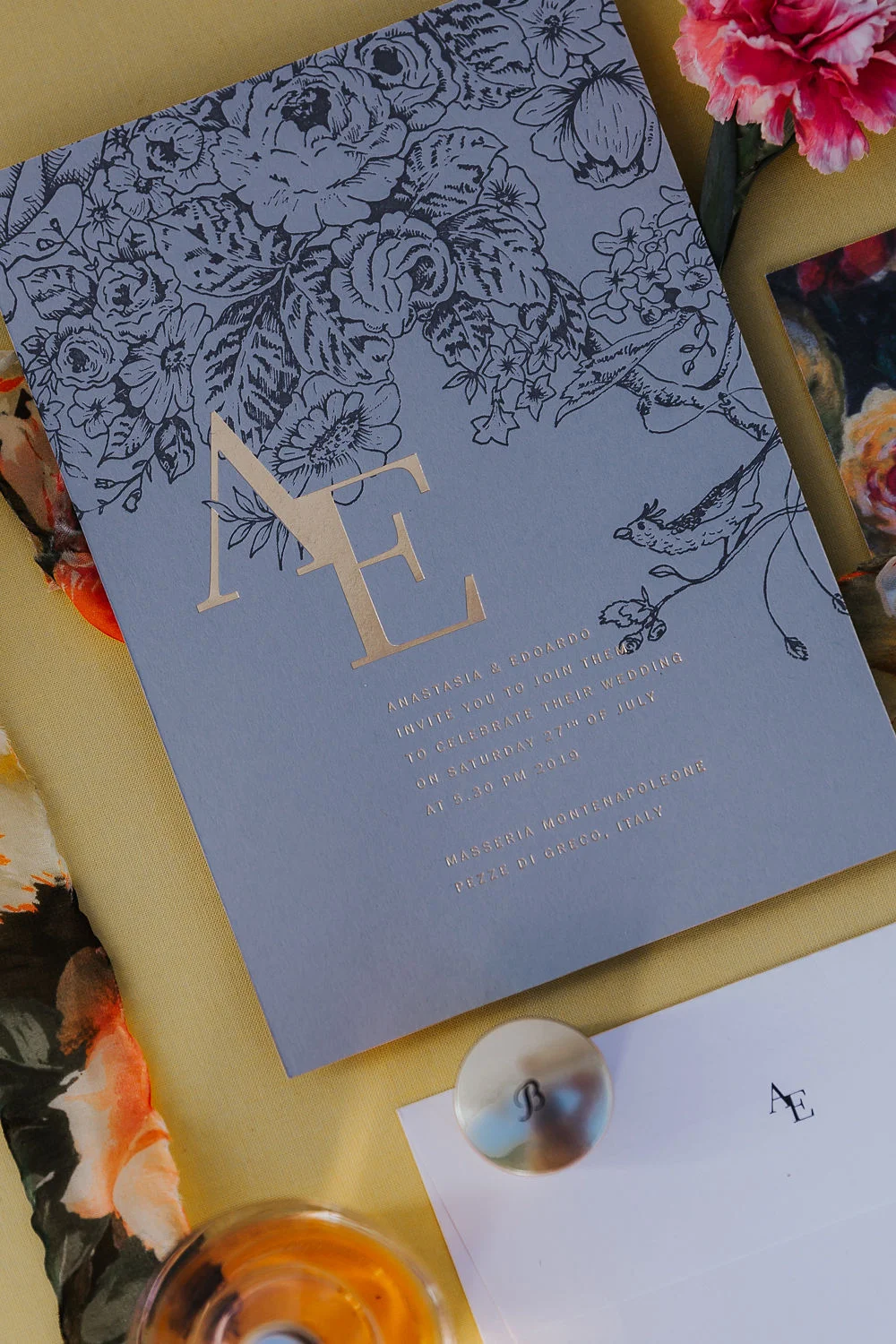 Letterpress stationery on colourful papers with gold foil & baroque florals