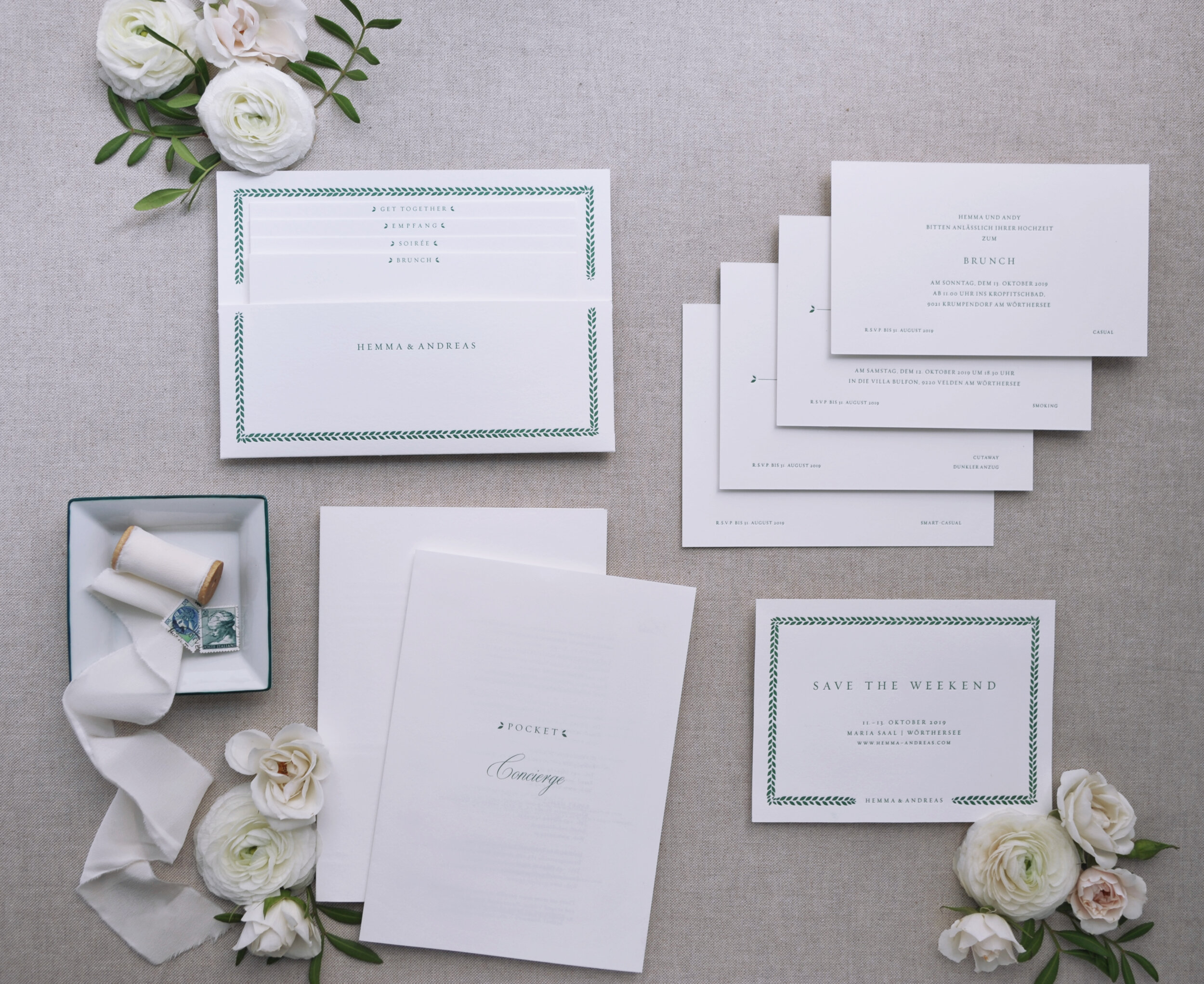 Klassische Hochzeitspapeterie mit Save the Date, Hochzeitsanzeige & Pocketfold von Carissimo Letterpress