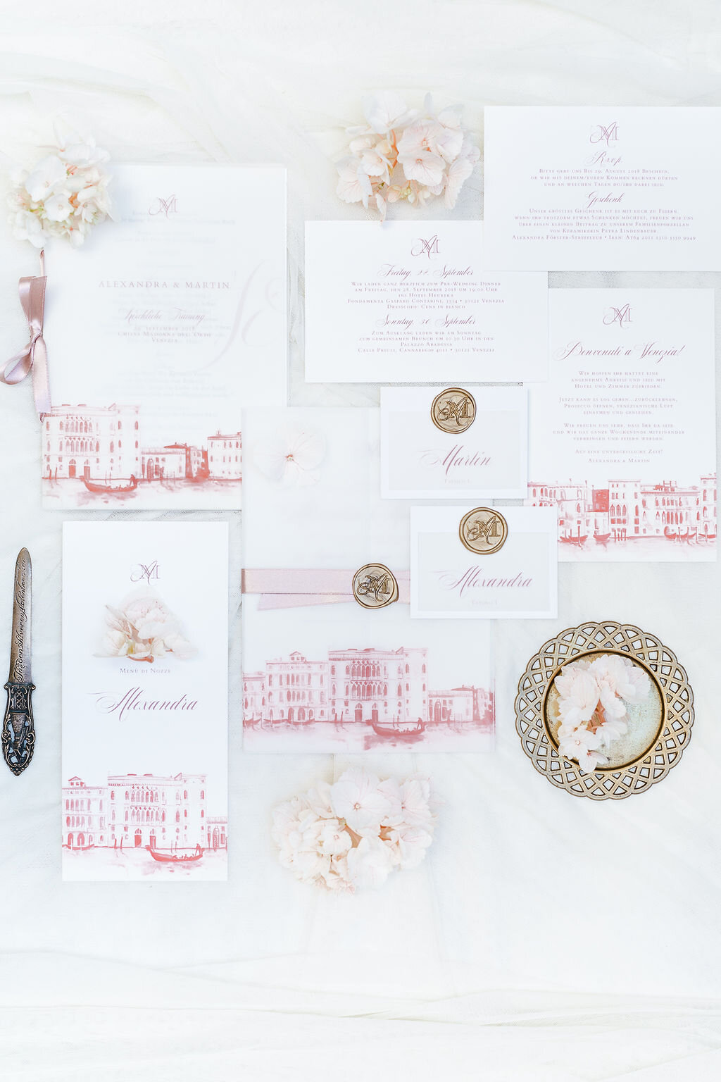 Custom Wedding Stationery with Watercolor Illustration and rosé Letterpress by Carissimo Letterpress