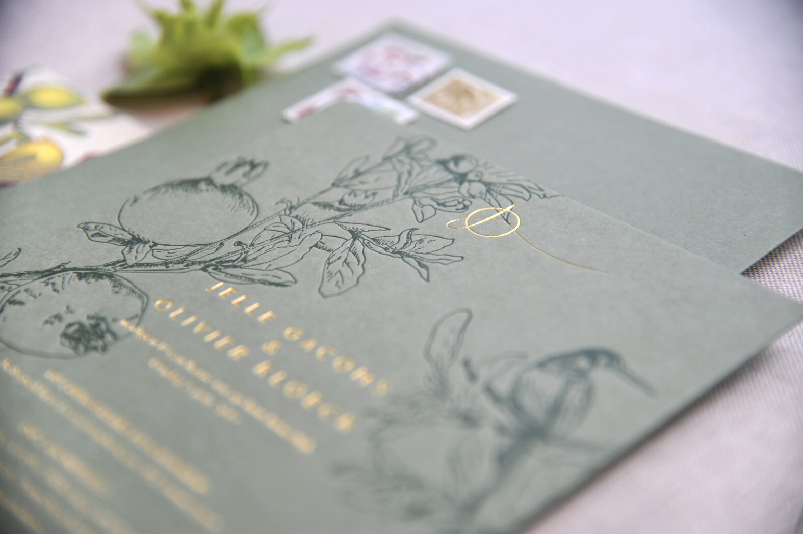 Custom Wedding Stationery with botanical drawing and gold hotfoil printing  by Carissimo Letterpress