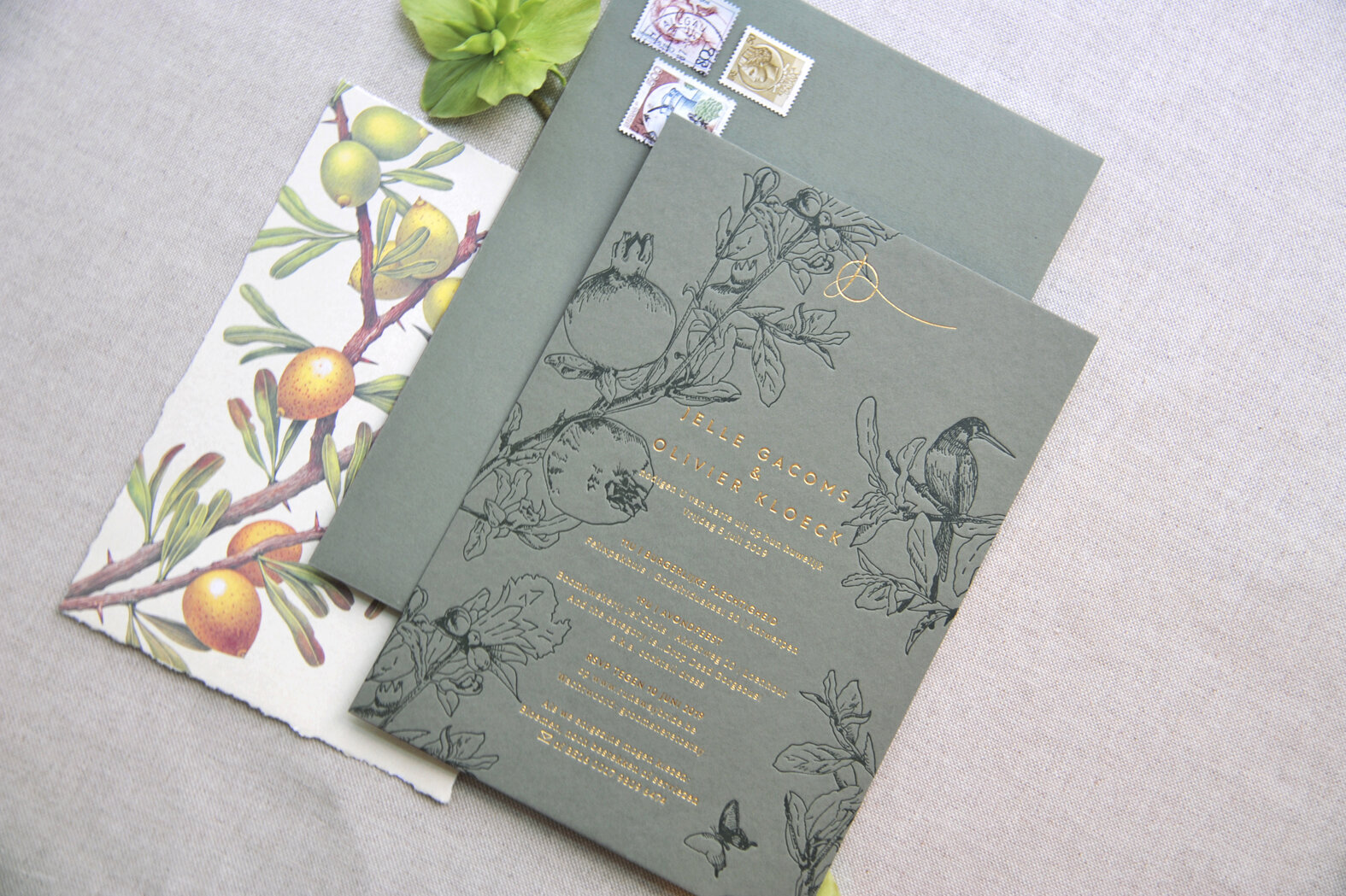 Custom Wedding Stationery with botanical drawing and gold hotfoil printing  by Carissimo Letterpress