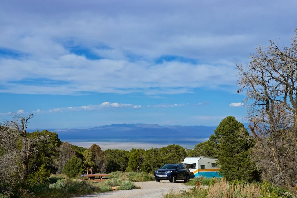 Great Basin National Park, NV: Early and unexpectedly incredible stop as the wagon headed east. Expansive, high alpine views and site of the first campfire on the trip. The stars up here were amazing as we faced the Great Basin separating Nevada and Utah. Our trusty camper’s name is Mable.