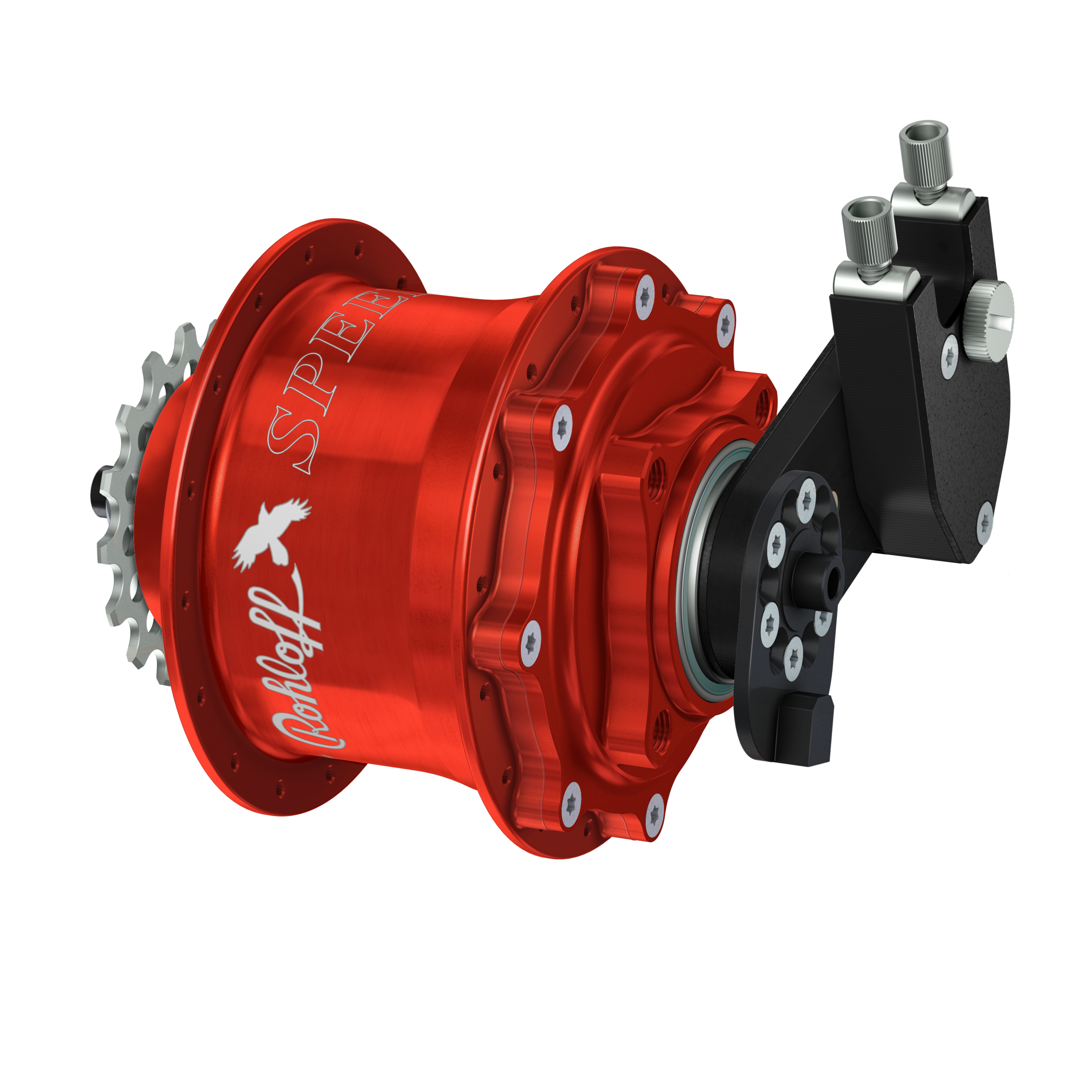  A rich red Rohloff Speedhub 500/14 with a 4 bolt disc brake interface. 