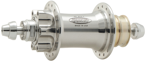  A perfectly polished silver Hadley rear hub with very cool domed allan key bolts. 