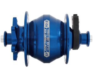 The 8 Series Dynamo with ISO 6 bolt disc brake option in blue anodised finish. 100 mm OLD.