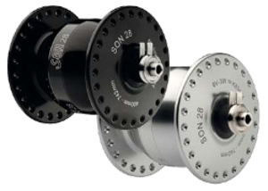 The SON 28 Tandem hub. 40 or 48 hole versions in black or silver finish. The flange diameter is 15mm larger, making for a stiffer front wheel. 