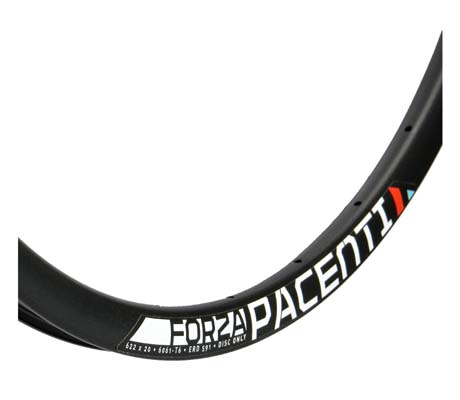 The all black disc version of the Pacenti Forza makes for a fine alloy rim. It has an asymmetrical spoke bed on the rear rim to help equalise tension between the drive side and non drive side spokes, further strengthening your wheel. 