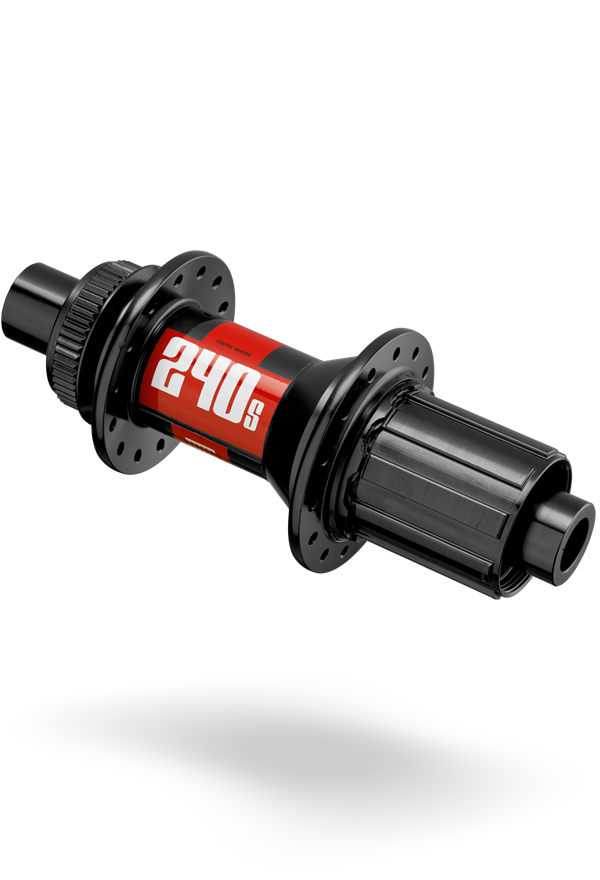 A 142 X 12 thru axle rear 240 hub with a centre lock disc brake interface. Available in a lustrous black anodised finish. 
