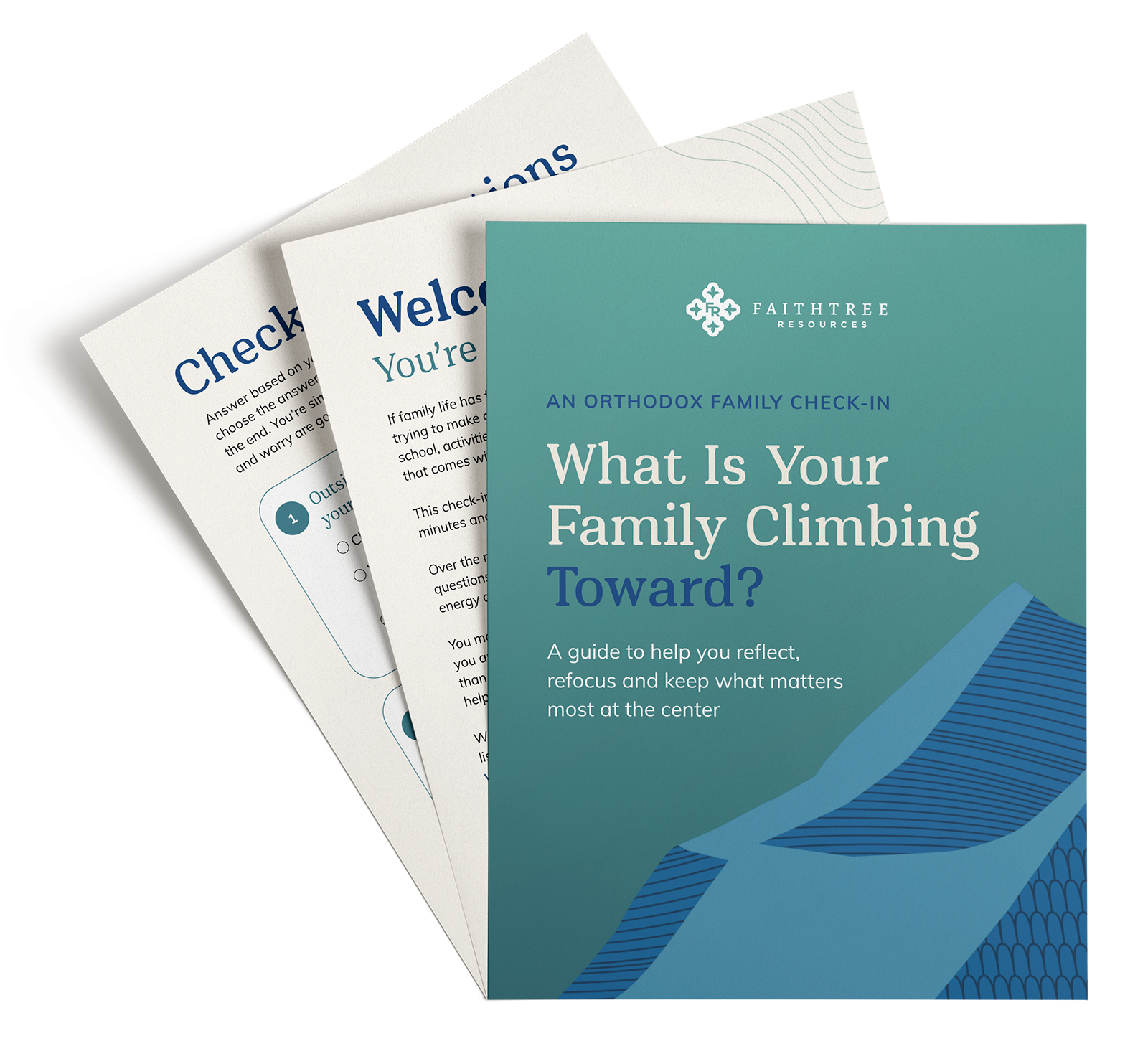 What Is Your Family Climbing Toward? Orthodox family check-in guide from Faithtree Resources, fanned out to show inside page
