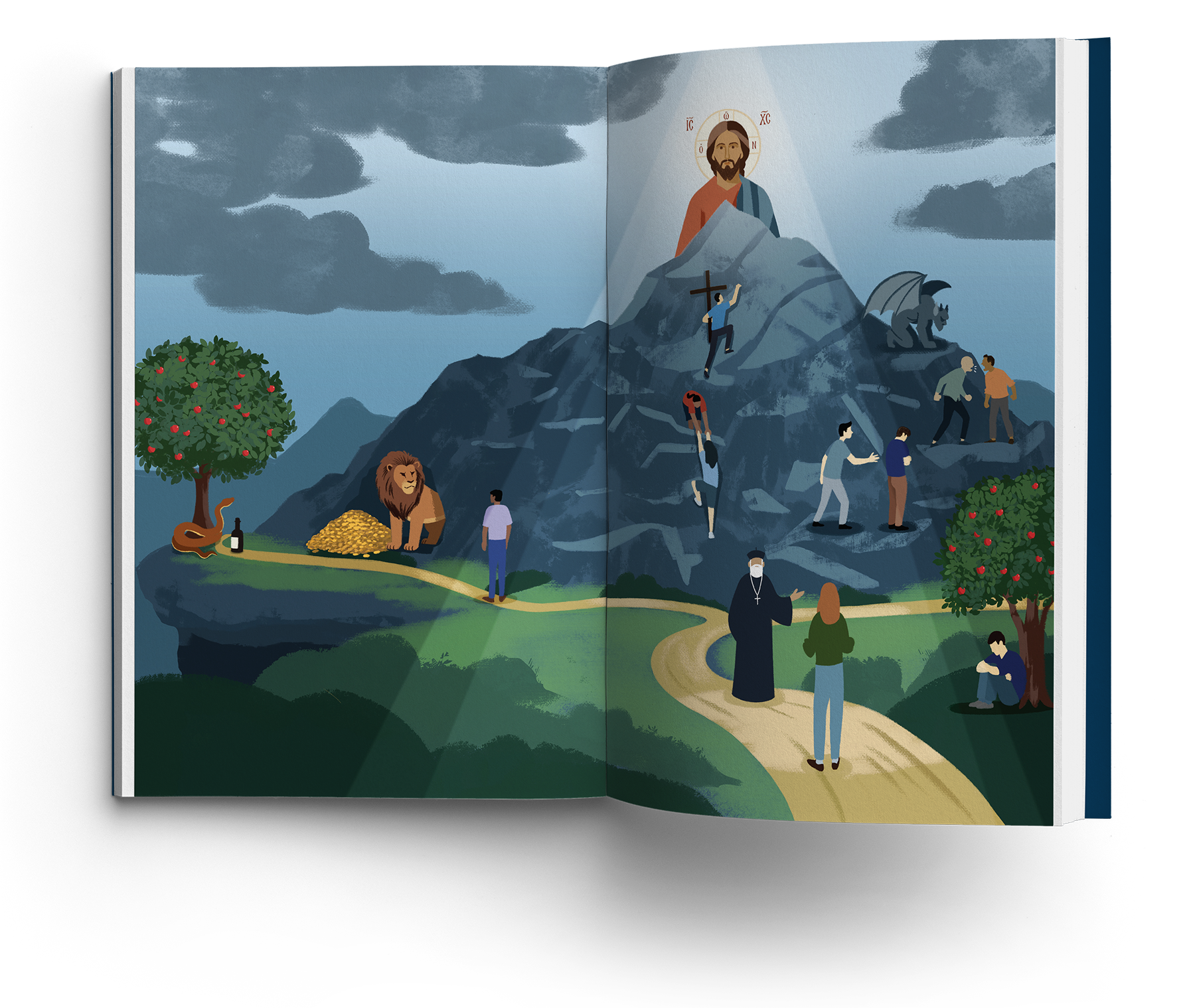 Raising Orthodox Christians open to an illustration of people climbing a mountain path toward Christ at the summit