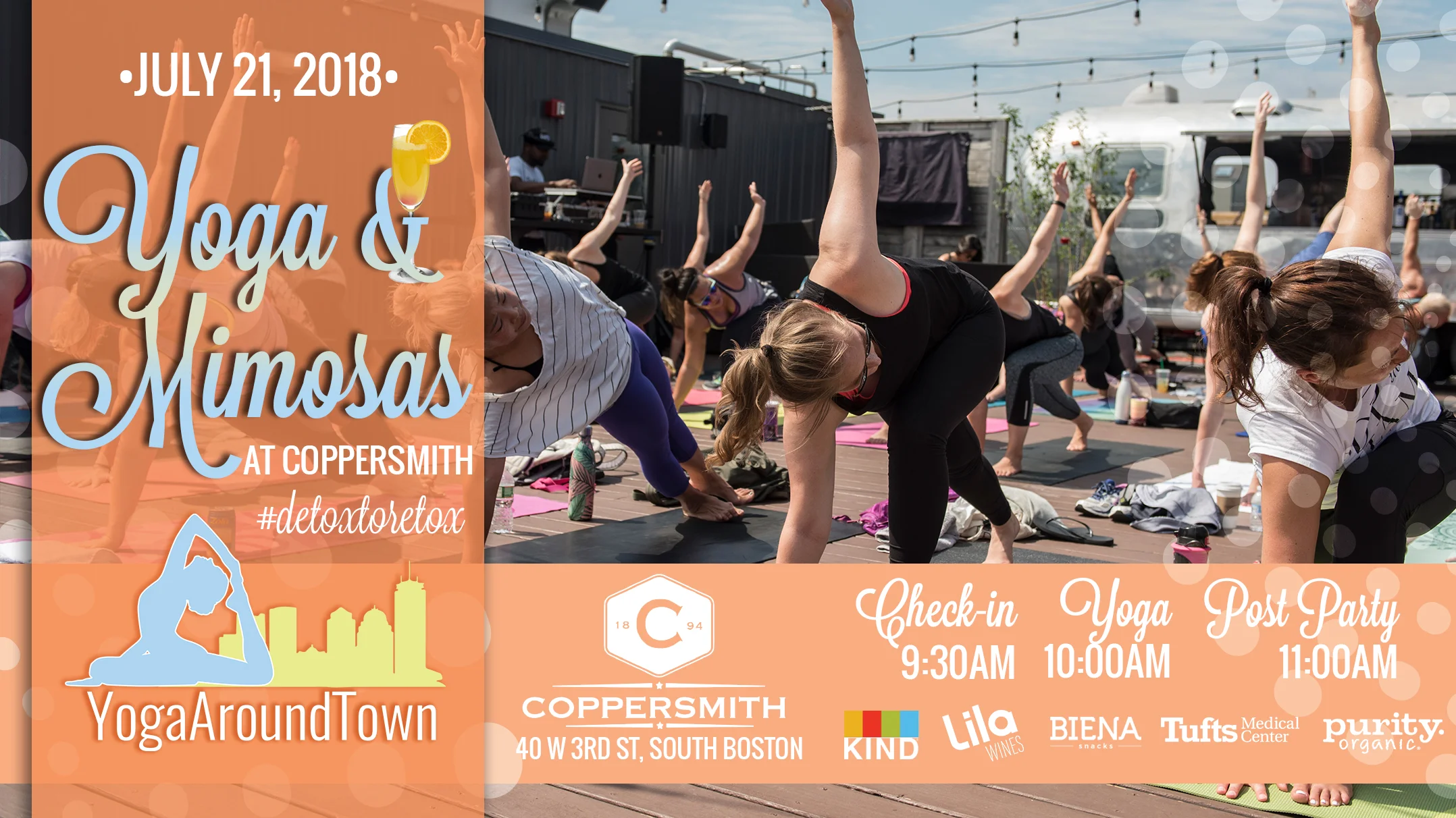 Start your Saturday with Yoga & Mimosas at Coppersmith in Southie! Kate Stone will lead you through a fun all level flow that will have you moving, breathing and working up a sweat for 60-minutes before we #detoxtoretox with mimosas afterward! All tickets include a Lila Wine Sparkling Mimosa and goodies from our sponsors! Check out our full Yoga & Mimosas at Coppersmith series and be sure to register for the correct date! Check-in: 9:30 -10:00 am Class: 10-11:00am Post-Party: Directly following class includes a Lila Wine & Purity Organic Mimosa