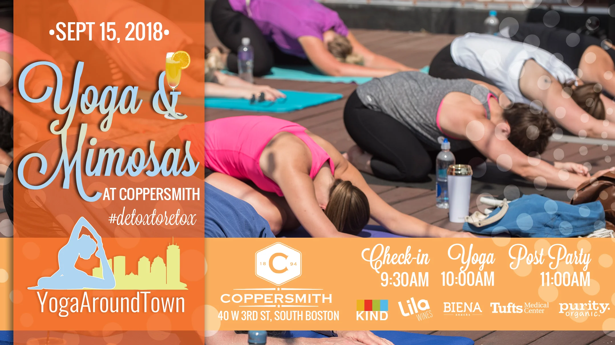 Start your Saturday with Yoga & Mimosas at Coppersmith in Southie! Class will lead you through a fun all level flow that will have you moving, breathing and working up a sweat for 60-minutes before we #detoxtoretox with mimosas afterward! All tickets include a Lila Wine Sparkling Mimosa and goodies from our sponsors! Check out our full Yoga & Mimosas at Coppersmith series and be sure to register for the correct date! Check-in: 9:30 -10:00 am Class: 10-11:00am Post-Party: Directly following class includes a Lila Wine & Purity Organic Mimosa