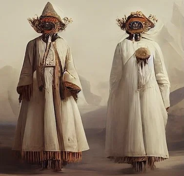 From my first prompt; “Ancient travelers dressed in off white clothes with extravagant hats and cloth masks”. emerged the first four images. I selected one that felt akin to the spirit of the character I was creating. Image generated by Midjour