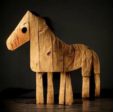 Horse image generated by Midjourney with five or six strange legs and tail/leg that became the central image for the front of the program.