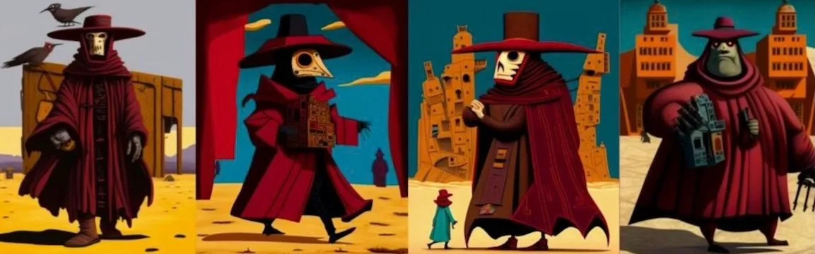 Midjourney images generated in response to prompt: “large woman puppeteer with a crow mask on, dressed in long burgundy duster and burgundy fedora returns across the nuclear wasteland, pulling a small wooden puppet theatre.”