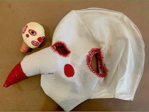 A full sized cloth mask of the puppet head made earlier which in turn was influenced by the home sewn look of the old Mummers’ face coverings. Photo: Deborah Hunt