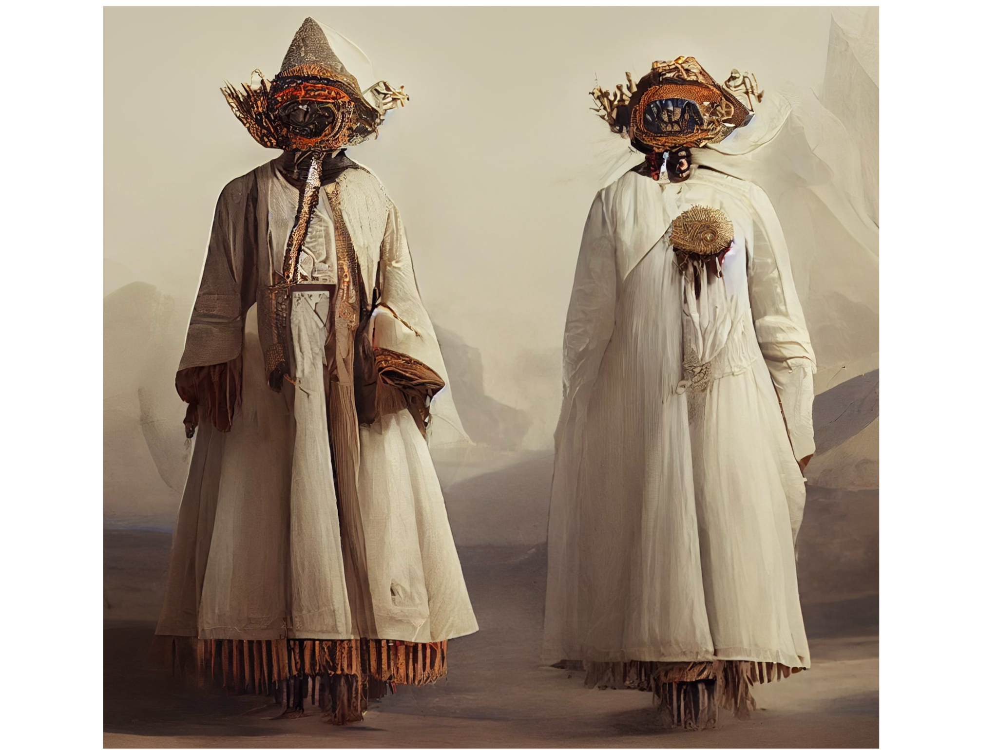 From my first prompt; “Ancient travelers dressed in off white clothes with extravagant hats and cloth masks”. emerged the first four images. I selected one that felt akin to the spirit of the character I was creating. Image generated by Midjo