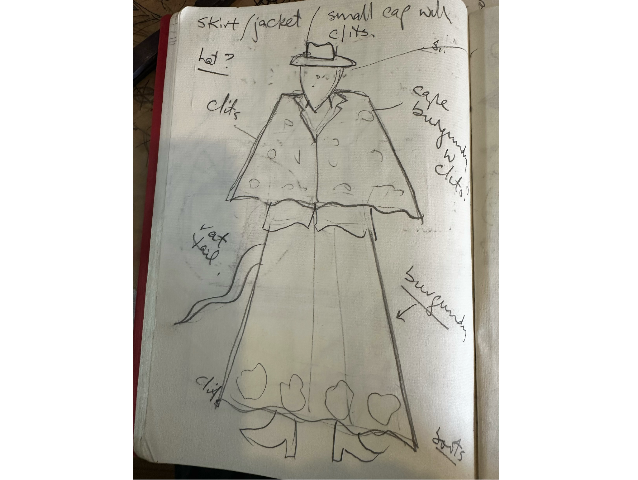 Sketch of first first costume for Camino used as prompt for Midjourney. Photo by Deborah Hunt. Boceto del primer traje de Camino utilizado como indicación visual para Midjourney. Foto de Deborah Hunt.