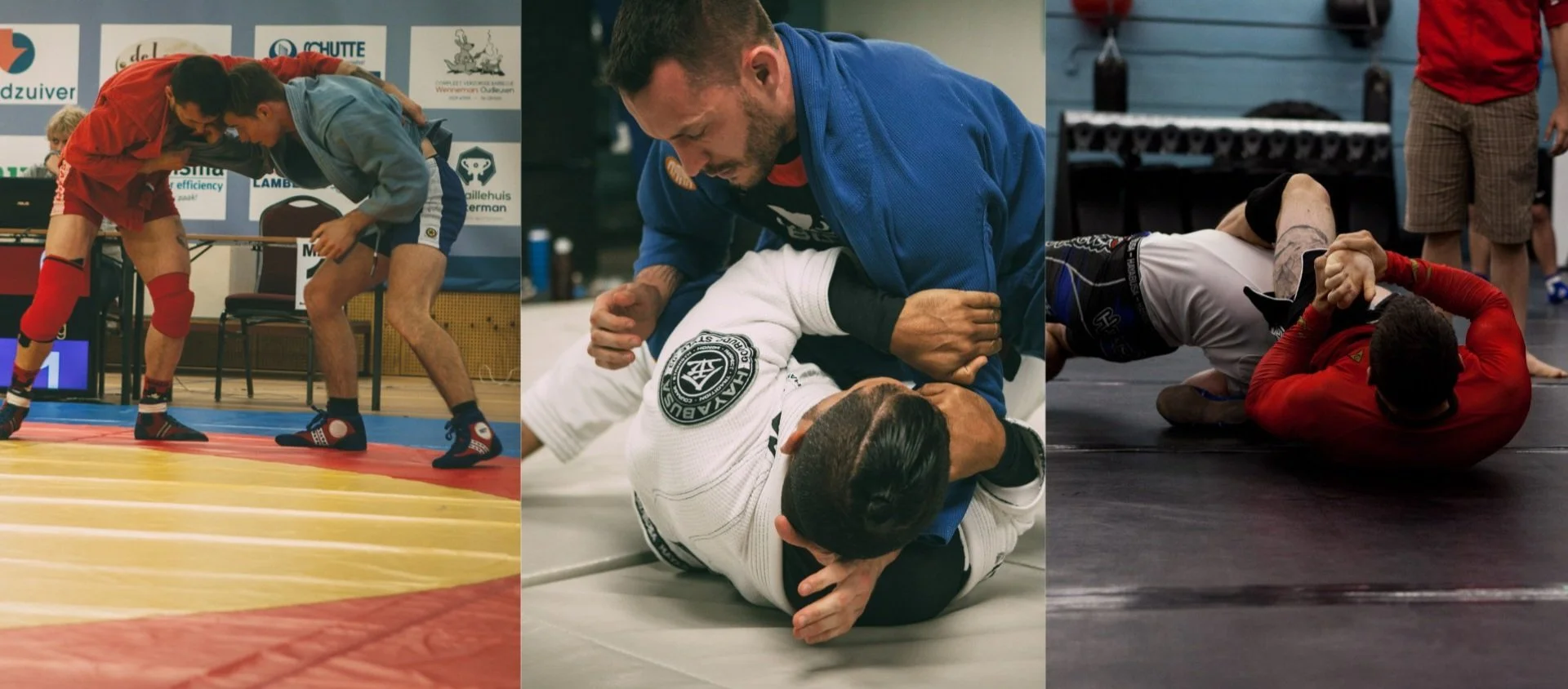 A collage of Sambo Wrestling, Brazilian Jiu Jitsu, and Submission wrestling. 