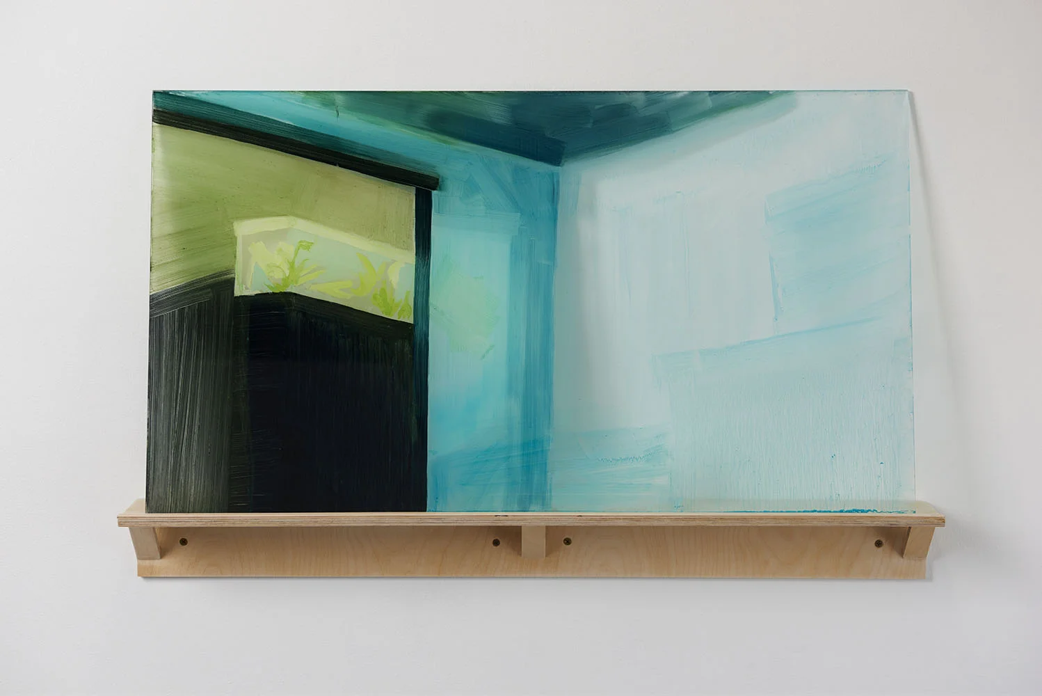 Devaneios 2015 óleo sobre acrílico, prateleira de bétula, Pintura 46 x 82 x 0.64 cm., prateleira 10 x 86 x 9 cm. ⬜ Racing thoughts 2015 Oil paint on plexiglass, artist-made birch shelf, 18’’ x 32’’ x 0.25’’ plexi, 4’’ x 34’’ x 3.5’’ shelf