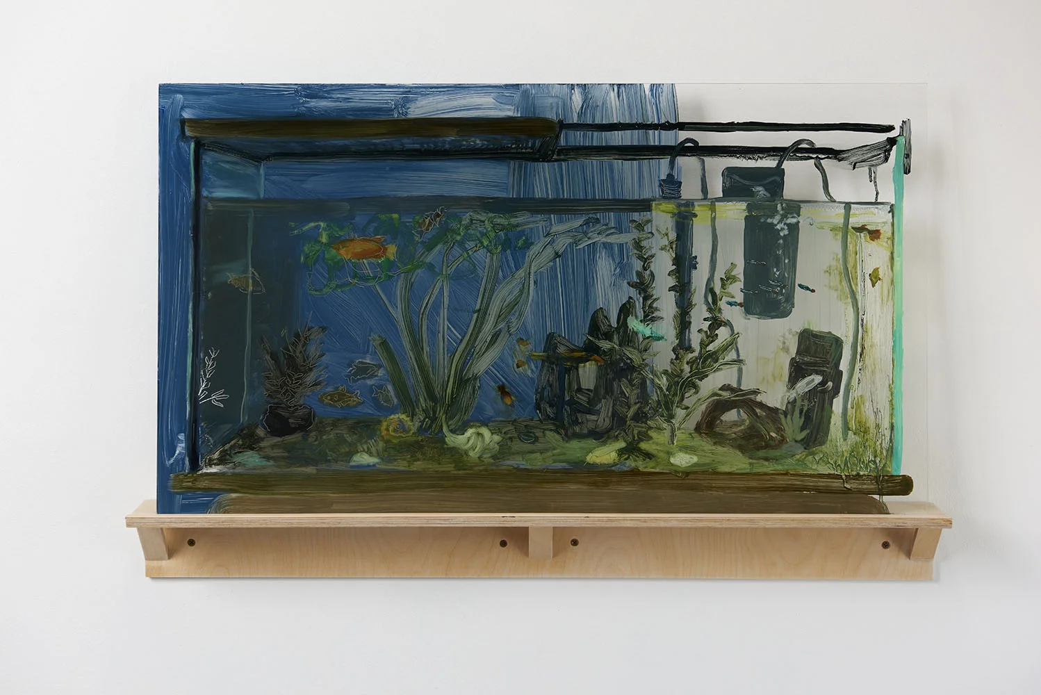 Qual é o limite de oxigênio? 2015 óleo sobre acrílico, prateleira de bétula Pintura 46 x 82 x 0.32 cm., prateleira 10 x 86 x 9 cm. ⬜ What is the oxygen limit? 2015 Oil paint on plexiglass, artist-made birch shelf 18’’ x 32’’ x 0.125’’ plexi, 4’’ x 34’’ x 3.5’’ shelf