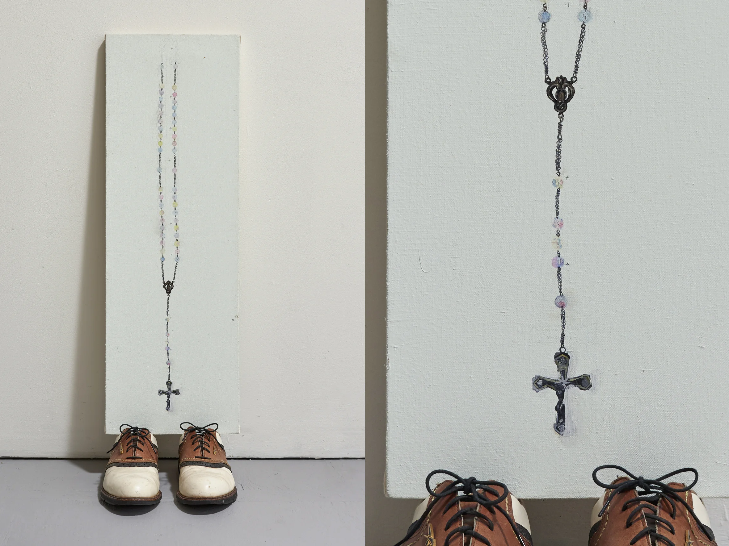 Painting of the Rosary her Maternal Brazilian Grandfather made for her when she was born, resting on her American Father’s golf shoes house paint and oil on canvas, Dad’s golf shoes 33.5” x 10” x 13” 2017 – 19