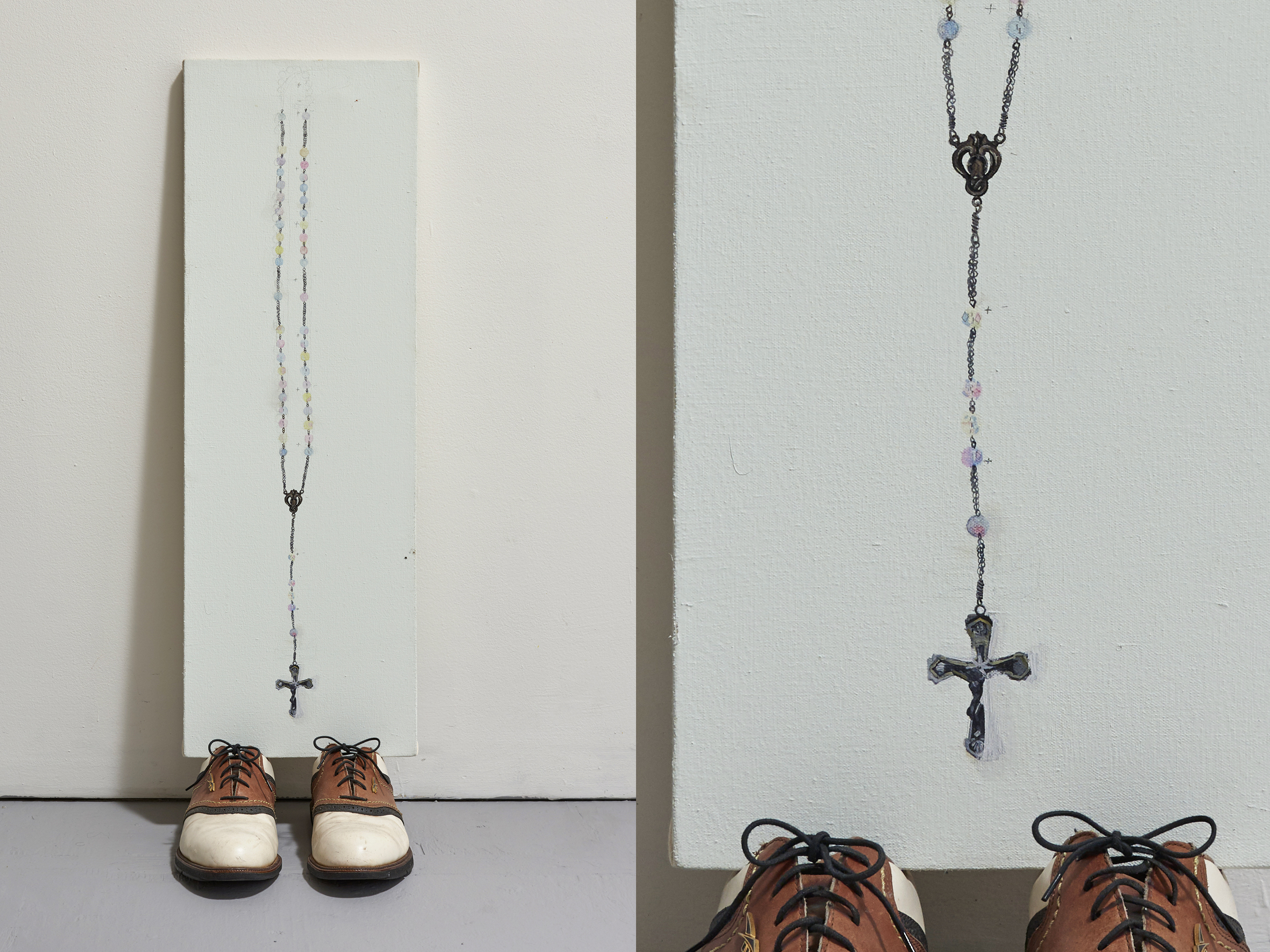   Ribeiro Rosary Resting on Pizzoferrato Golf Shoes   house paint and oil on canvas, Dad’s golf shoes   33.5” x 10” x 13”   2017 – 19 