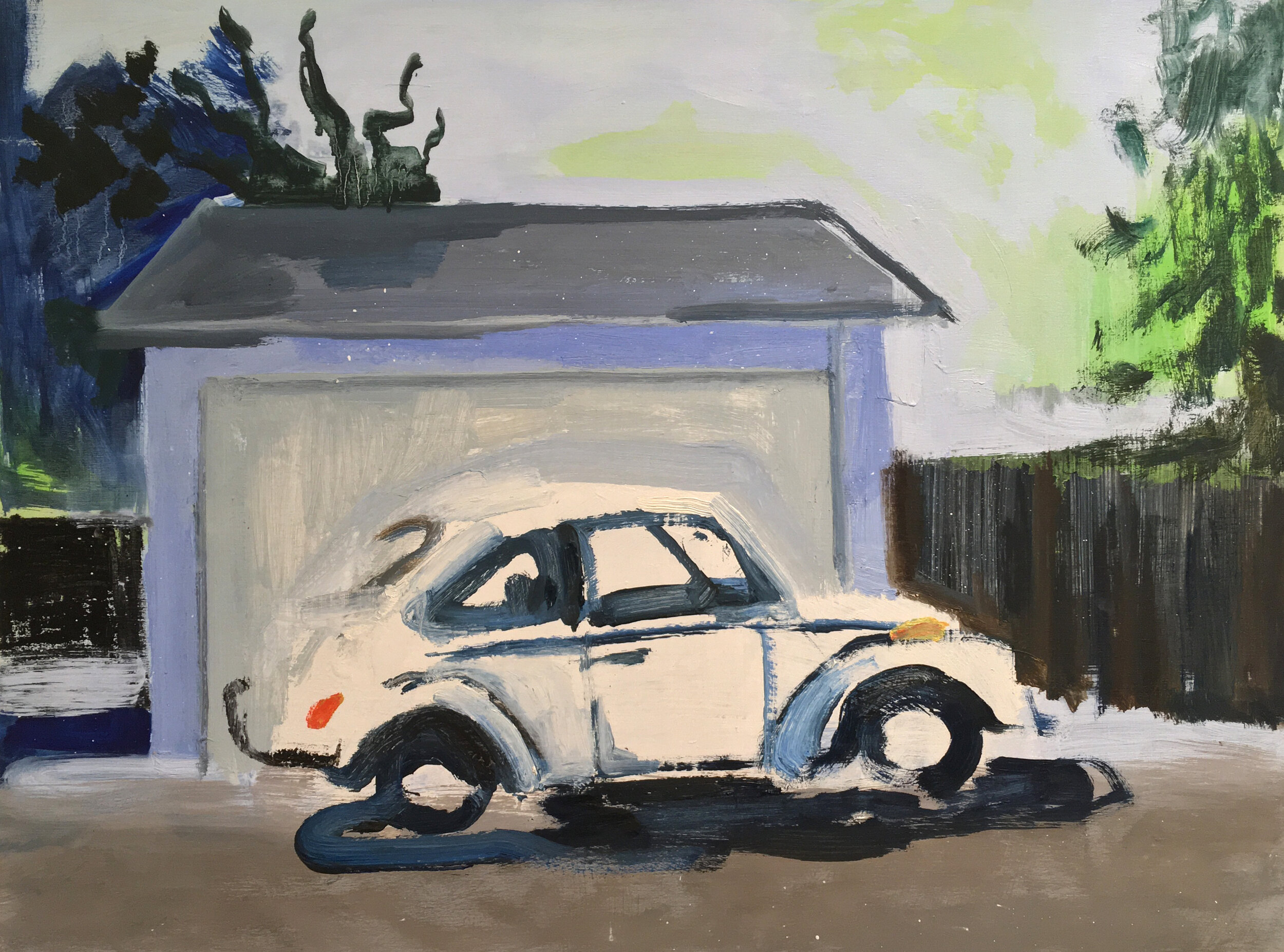  “Unfinished Painting of an old rusty VW Beetle, parked in front of somebody’s garage”  Tempera and oil on panel   18” x 24”  2015 