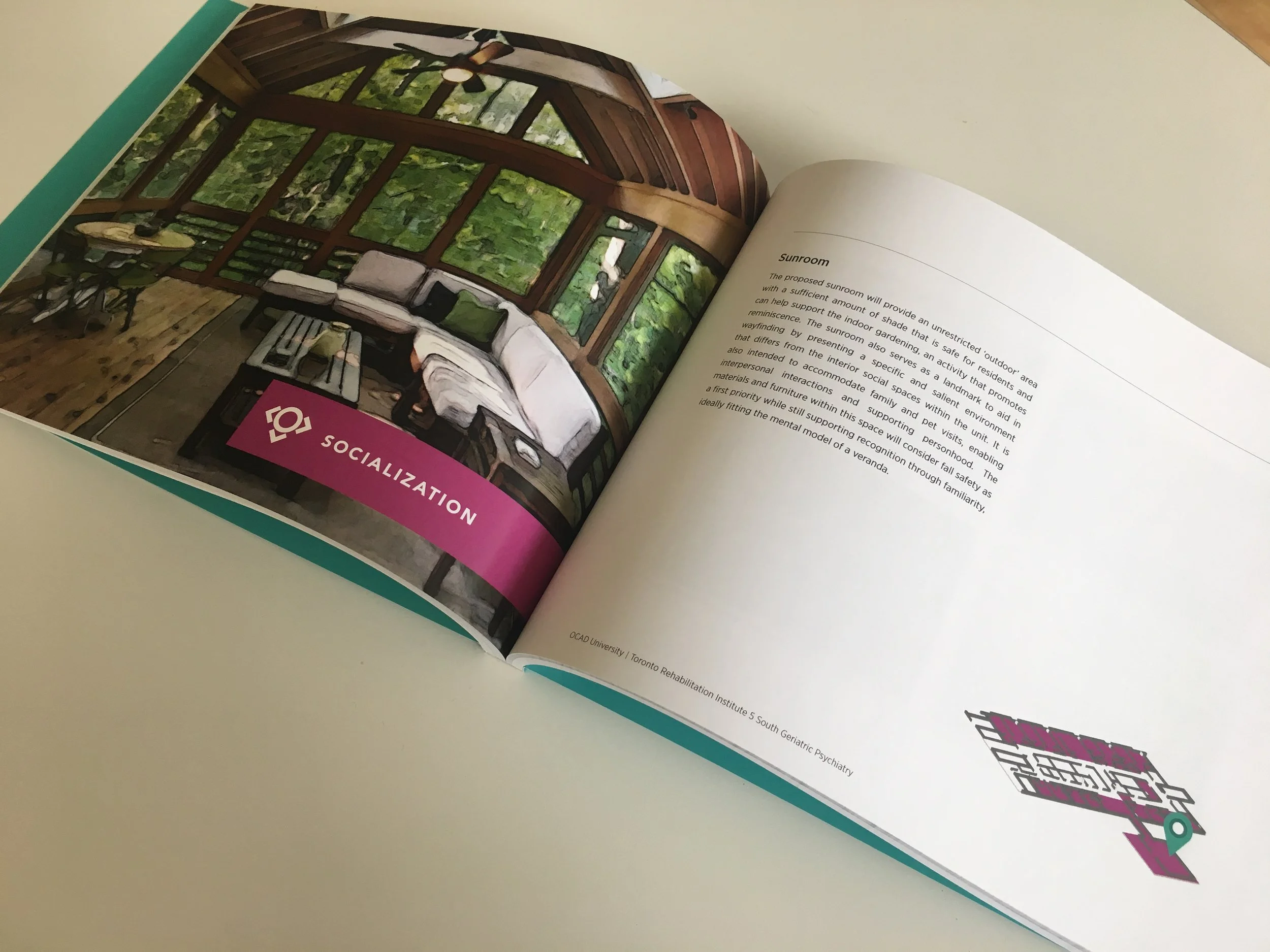  Section page for the Socialization section, which was my focus for research. My design partner and I were in charge of redesigning the dining room and lounge to promote comfort and social interaction for people with dementia. 