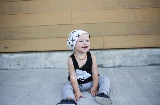 Stark wearing X's slouchy beanie and grey joggers. {Cloud shirt from Whistle and Flute , mocs From Minimoc }