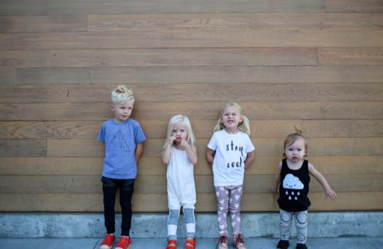L-R: Dion wearing black joggers with faux leather pockets, Harlan wearing girl romper in white and grey, Evalina wearing heart leggings and Ava wearing circle leggings. {Wild Thing and Stay Cool shirts are from Whimswear , Cloud shirt is from Whistle and Flute ) 