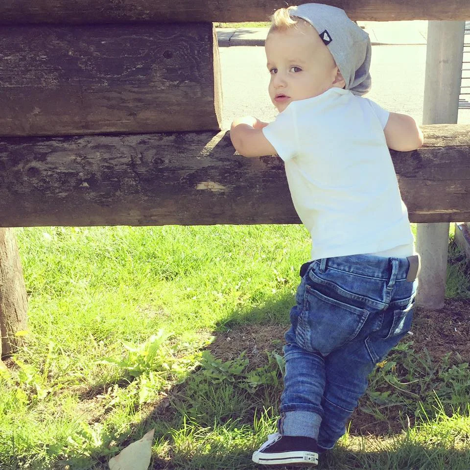 Childish Fashion's own, Hudson, wearing Tiny Button Apparel beanie