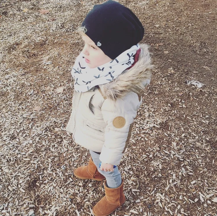 Jacket and grey denim pants from Zara , infinity scarf and beanie from Tiny Button Apparel