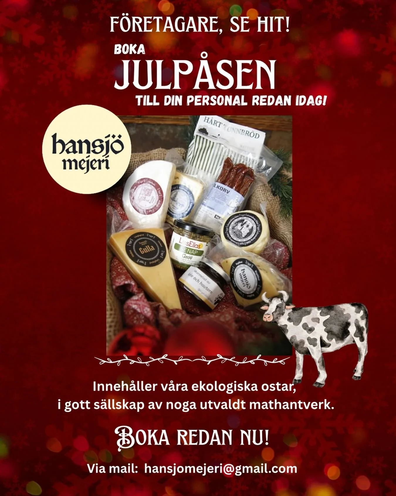 F&ouml;retagare, se hit! 📌

Nu kan ni boka &aring;rets julg&aring;va till personalen. En lyxig delikatessp&aring;se med v&aring;ra ekologiska hantverksostar i gott s&auml;llskap av noga utvalt mathantverk. 
🎁🤶🎅❄️🎄

Pris: 550kr 🔸

Best&auml;ll p
