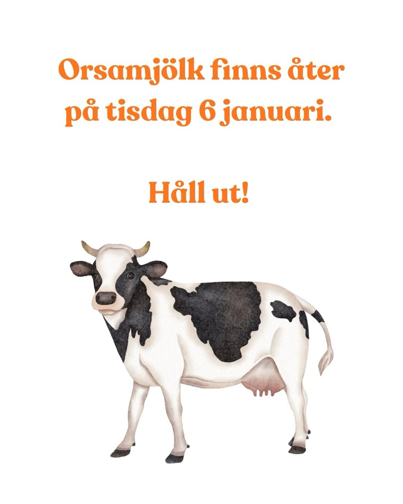 Mj&ouml;lken &auml;r tyv&auml;rr slut, men vi packar ny p&aring; tisdag n&auml;sta vecka (6 januari) 

H&aring;ll ut!
