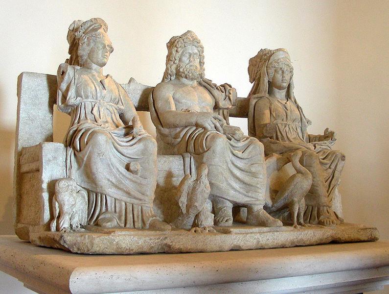 The Capitoline Triad: Minerva, Jupiter, Juno. What birds (aves) accompany each god or goddess? Note the three doors of the temple below. 