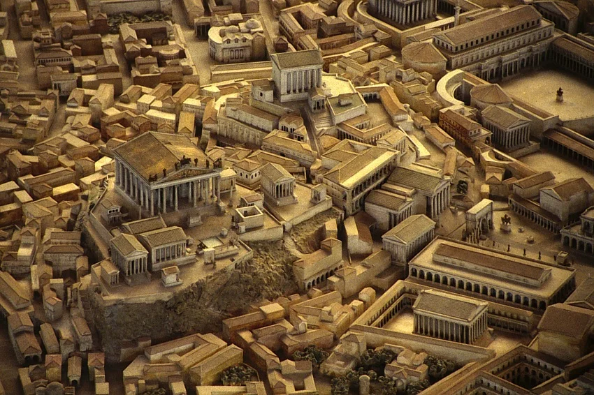 Capitoline Hill: Temple of Jupiter Optimus Maximus, the asylum and the Arx with temple of Juno Moneta. 