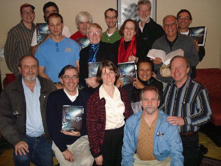 The Unicode Staff and Editorial Committee Members celebrating the publishing of The Unicode Standard Version 5.0 in Mountain View, CA in December 2006. Clearly image resolution was the least of their concerns at the time.
