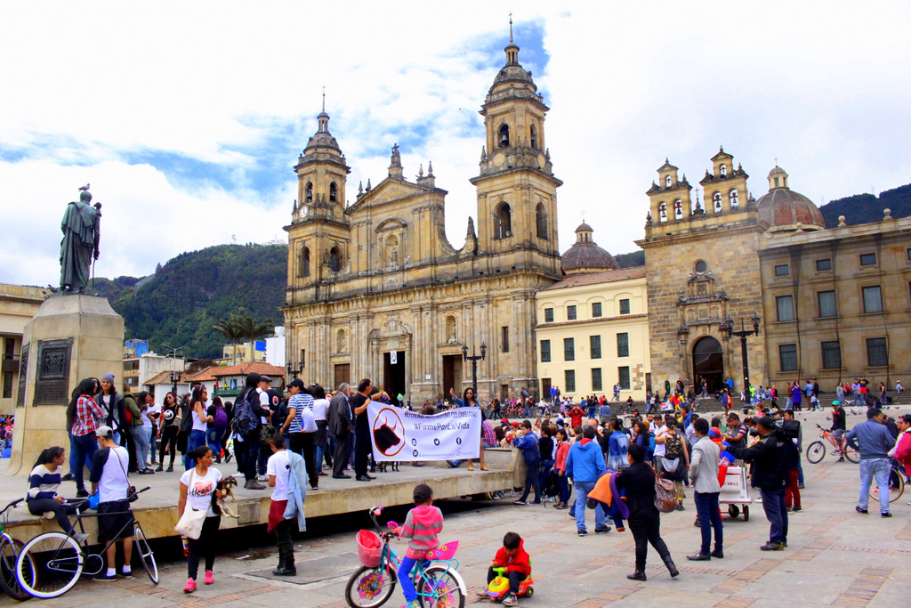 Plaza Bolivar is the heart of Bogotá with many historic buildings. The 19th century Catedral Primada sits as a backdrop while locals rally in the square. 