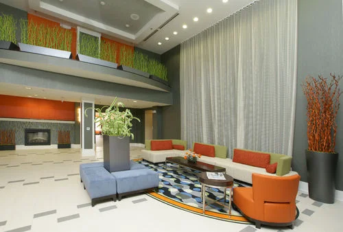 Inside lobby seating area of a hotel