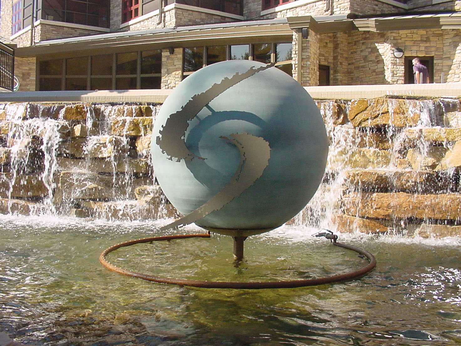 Spherical statue in fountain area at Sundara Spa in Wisconsin Dells, WI