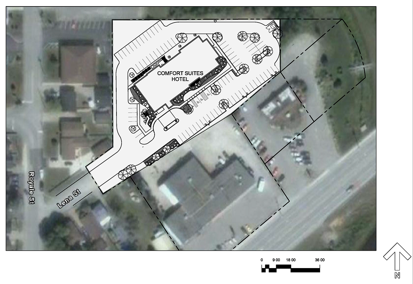 Aerial view, including the parking lot, of hotel
