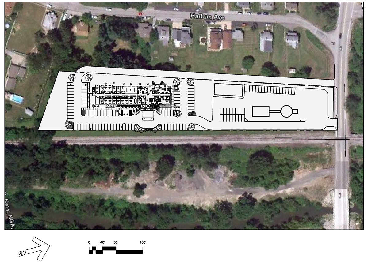 Aerial view, including the parking lot, of hotel