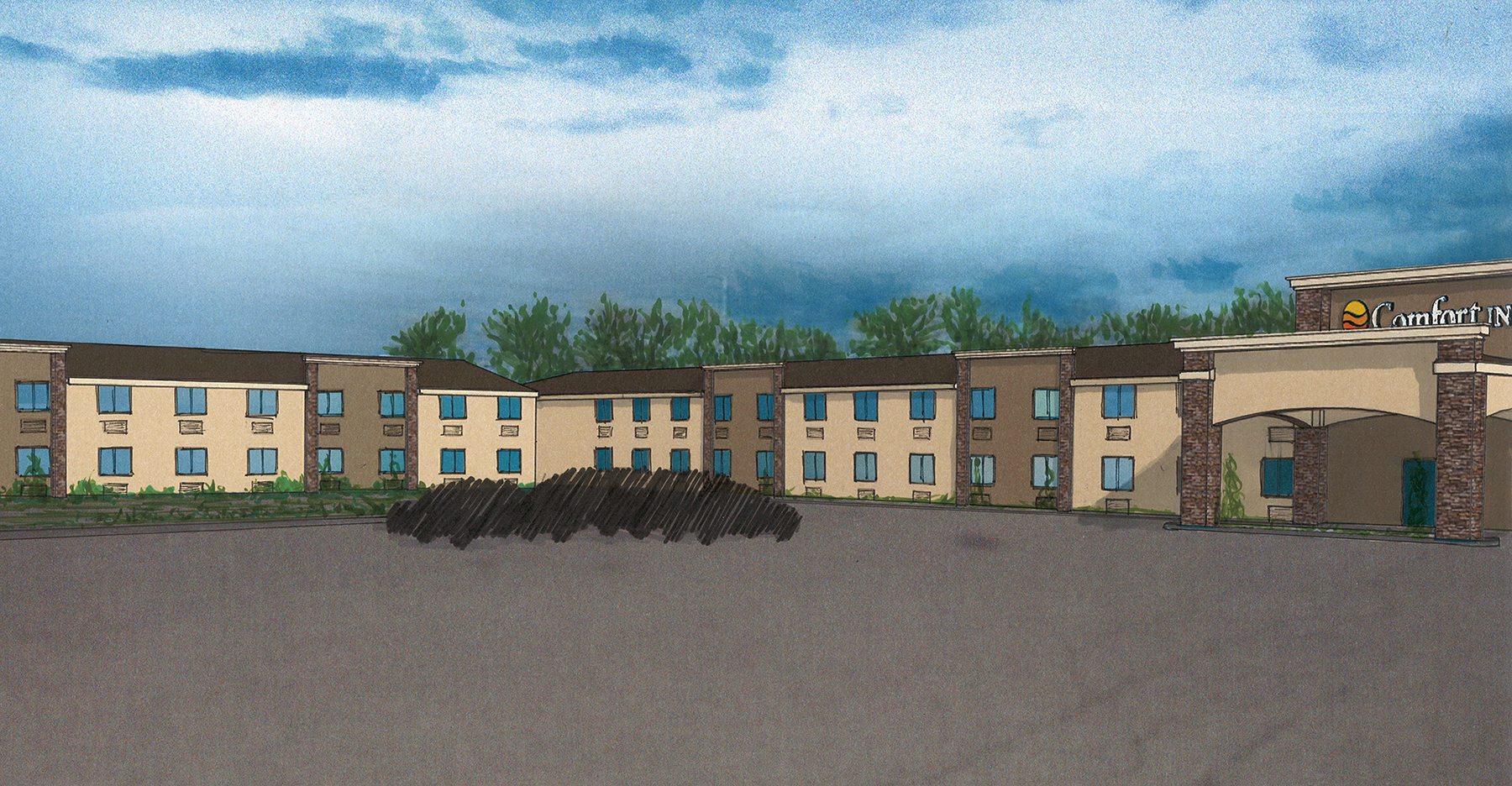 Drawing of a front of a hotel