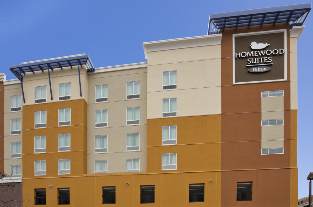 Outside view of the backside of the Homewood Suites in Rochester, MN