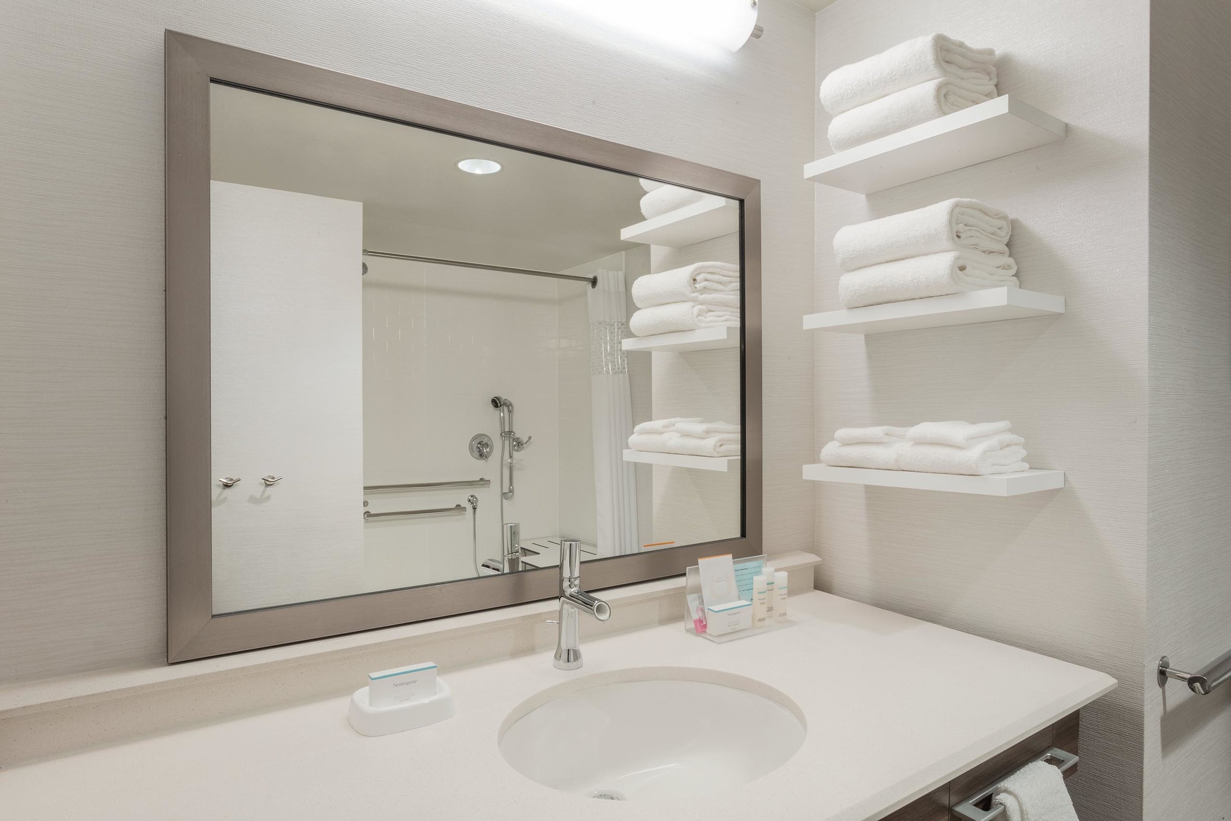 Guest bathroom in the Hampton Inn & Suites in West Des Moines, IA
