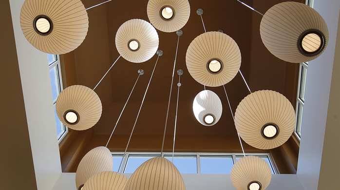 Hanging lights from the ceiling the Hilton Garden Inn in Cedar Falls , IA