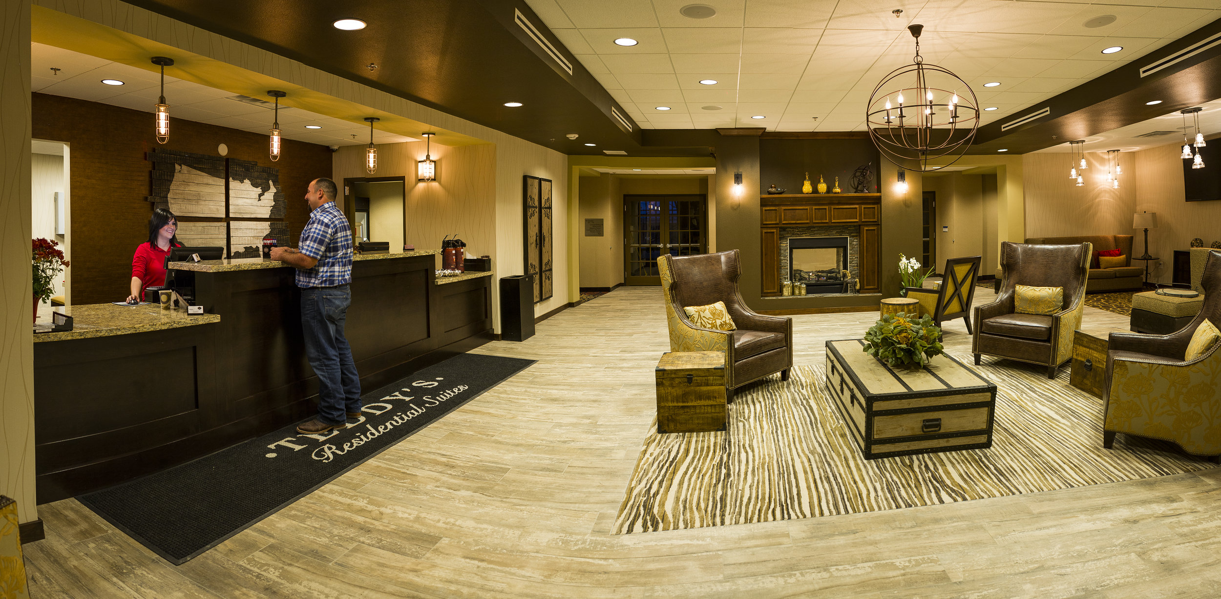 Lobby and front desk area in the Teddy’s Residential Suites in Watford City, ND